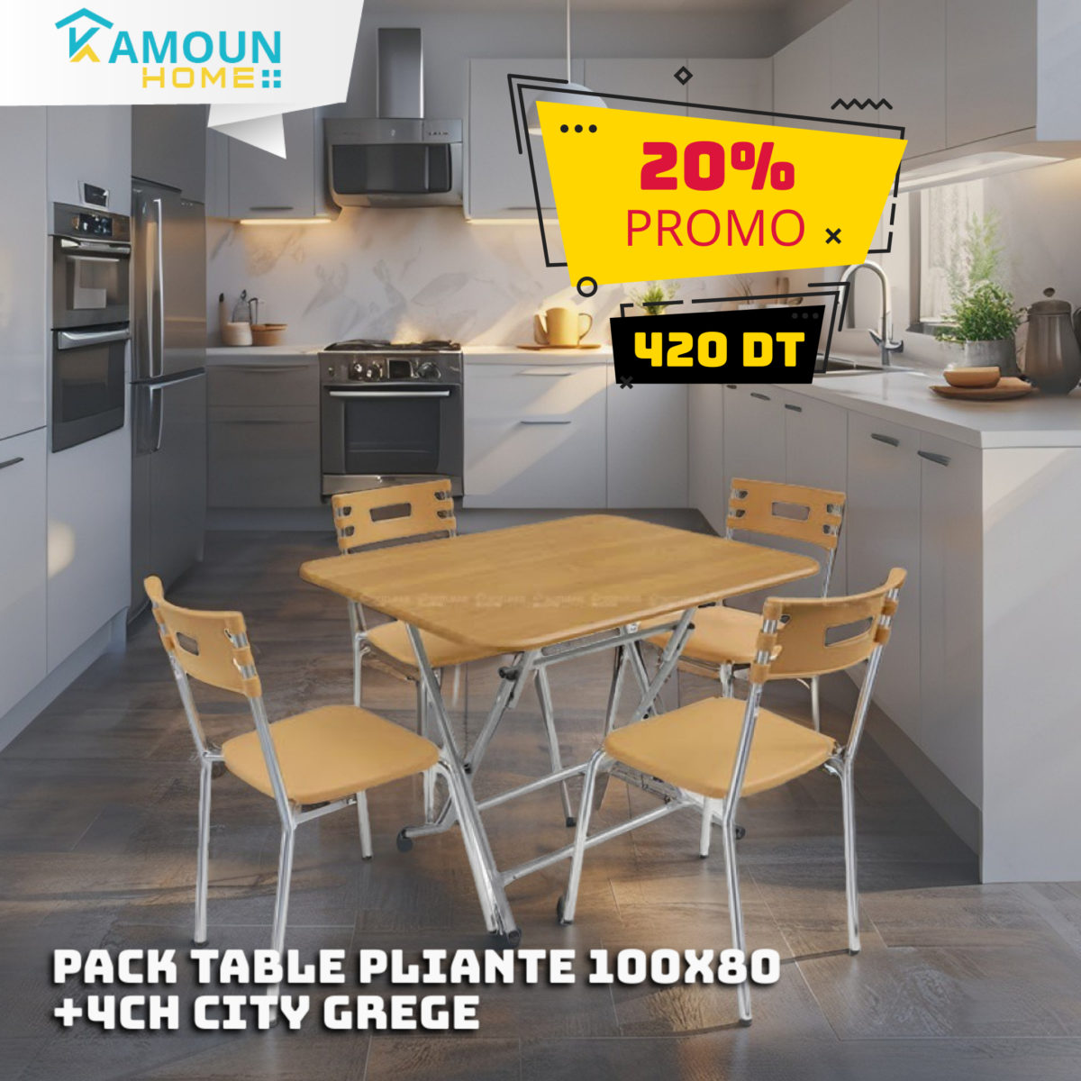 (COPY) pack table et chaise city PACK TABLE PLIANTE 100X80 PVC CHENE BRUT +4CH CITY GREGE - Image 1