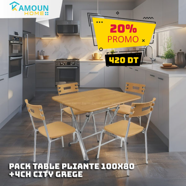 PACK TABLE PLIANTE 100X80 PVC CHENE BRUT +4CH CITY GREGE