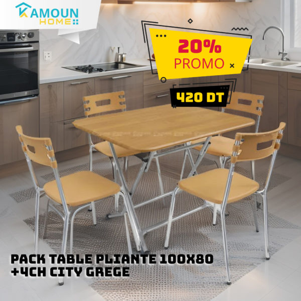PACK TABLE PLIANTE 100X80 PVC CHENE BRUT +4CH CITY GREGE