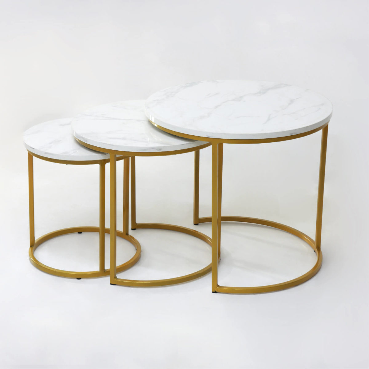 ENSEMBLE DE TROIS TABLES GIGOGNES RONDES MARBRE SOCLE DORE - Image 1