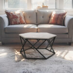 TABLE BASSE HEXA D100 TOP EN MARBRE GRIS SOCLE NOIR