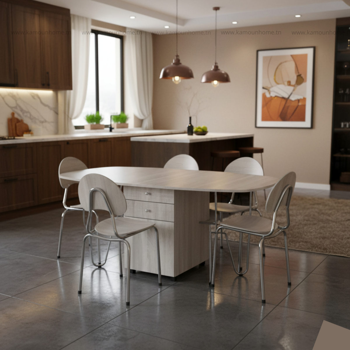 PACK TABLE A TIROIR GM +06 CHAISES FAMILIA CHENE BRUT - Image 1