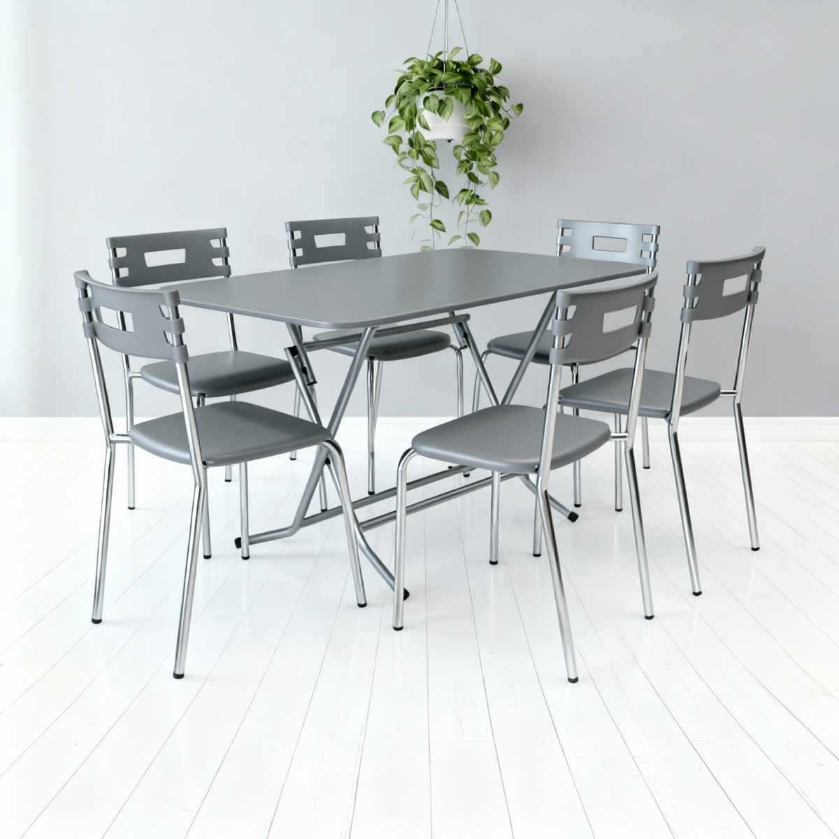 PACK TABLE PLIANTE  120*80 PVC GRIS +06CH CITY GRIS ALUMINIUM – Image 1
