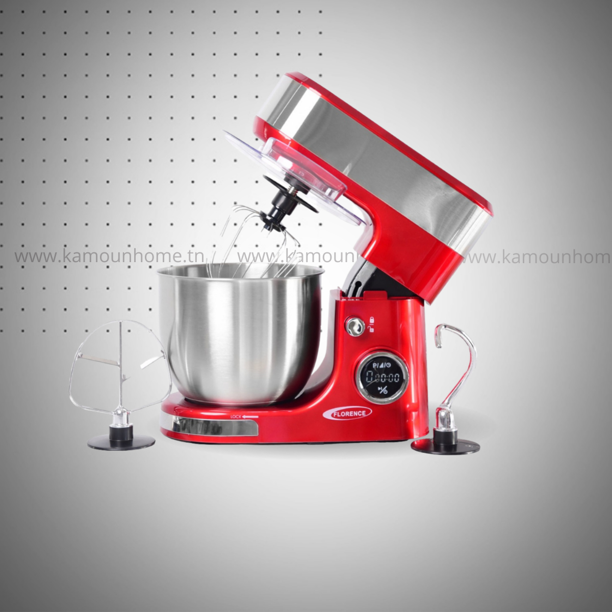 Robot Pétrin Florence Avec Bouton Afficheur 5L 1300W Rouge (1) Robot Pétrin FLORENCE 5L avec afficheur SM-6461AE – 1300W - Rouge - Image 1