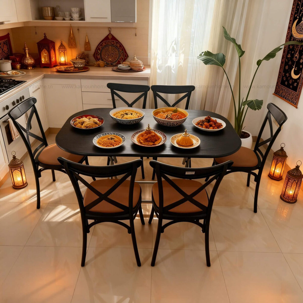 PACK TABLE PLIANTE OVALE 146X94 PVC NOIR+06 chaise bistrot brooklyn noir avec coussin brun – Image 1